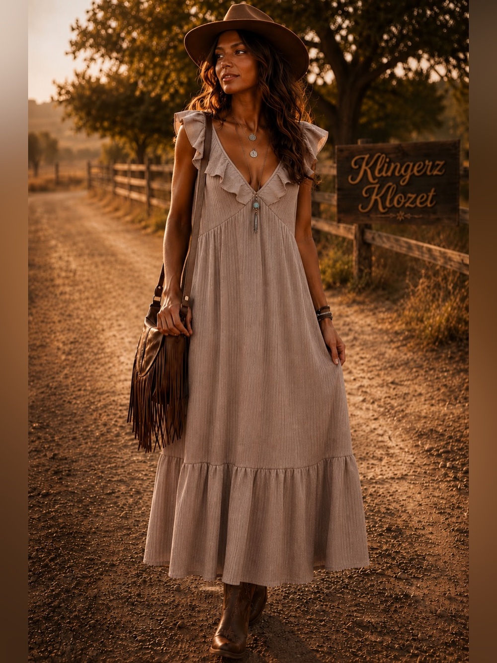Caution to the Wind Ribbed Stretch Flutter Sleeve Boho Maxi Dress | Neutral Taup